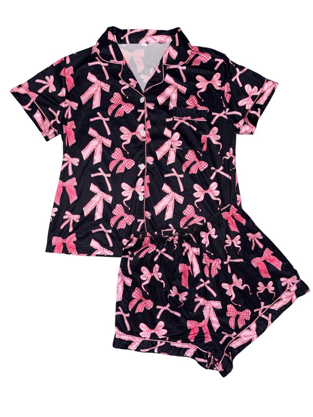 Women’s Black Short Pajama Set with Pink Bow Print